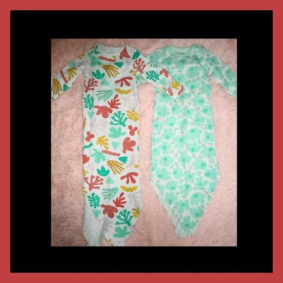 X2 MAC & MOON KNOTTED INFANT GOWNS ORGANIC COTTON FLORAL CORAL REEF-ONE SIZE - Picture 2 of 6